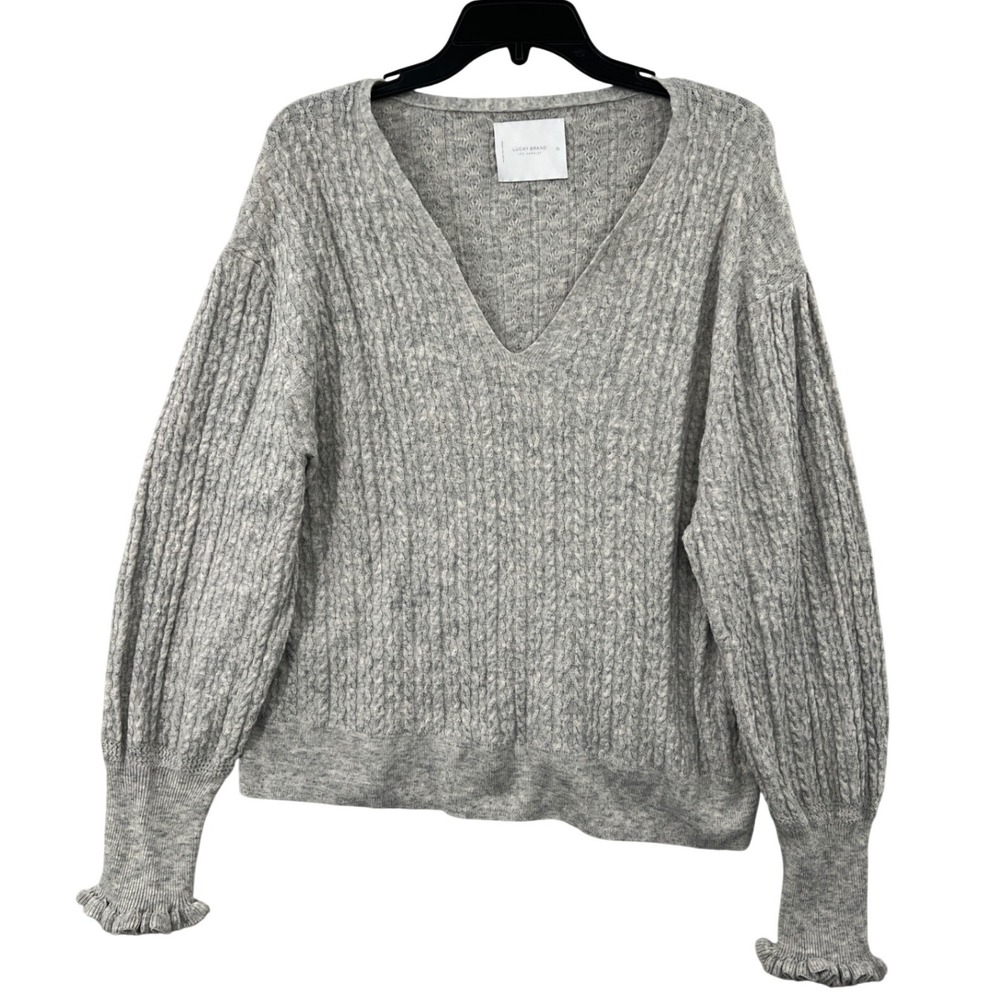 Lucky Brand V-Neck Cable Knit Sweater Size XL Gray Wool Blend Ruffle Cuff